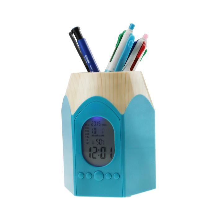 Pot à Crayons Polyvalent Avec Réveil Matin Alarme Clock Digital Rangement de Stylo Règle ou Petit Truc de Table Pour Etudiant Bureau Maison Couleur Assortie Style de Bois En plastique 
