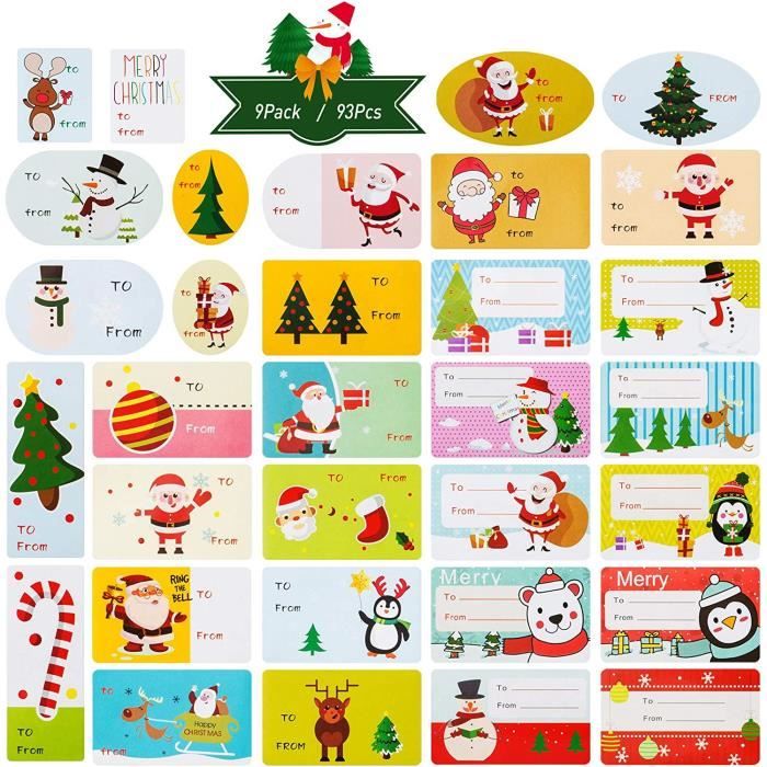 500 étiquettes Cadeau Autocollantes Noël – 12 Motifs (Père Noël, Bonhomme De Neige…) Avec Champs À/De, Rouleaux Faciles à Découper