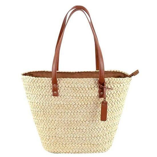 Sac Paille Femme Zipper Ete de Plage Sacs main Bandouli re