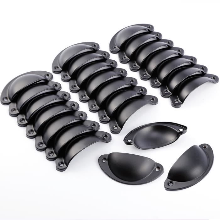 Lot de 24 poignées darmoire - Coquille retro - Noir - Modèle Antik - 82 mm