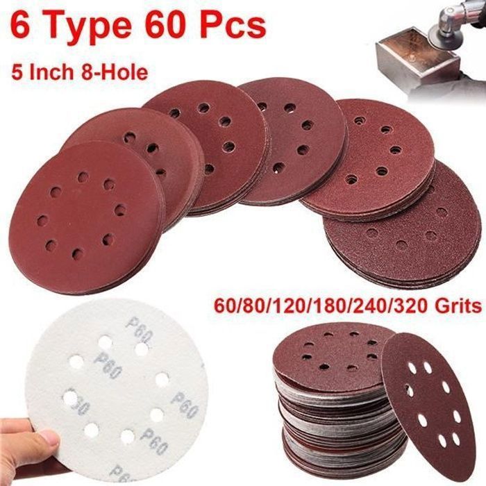 60Pcs Papier de Verre Ponçage Polissage Disque Pad 125mm 8 Trou Grit  60#-320# - Cdiscount Bricolage