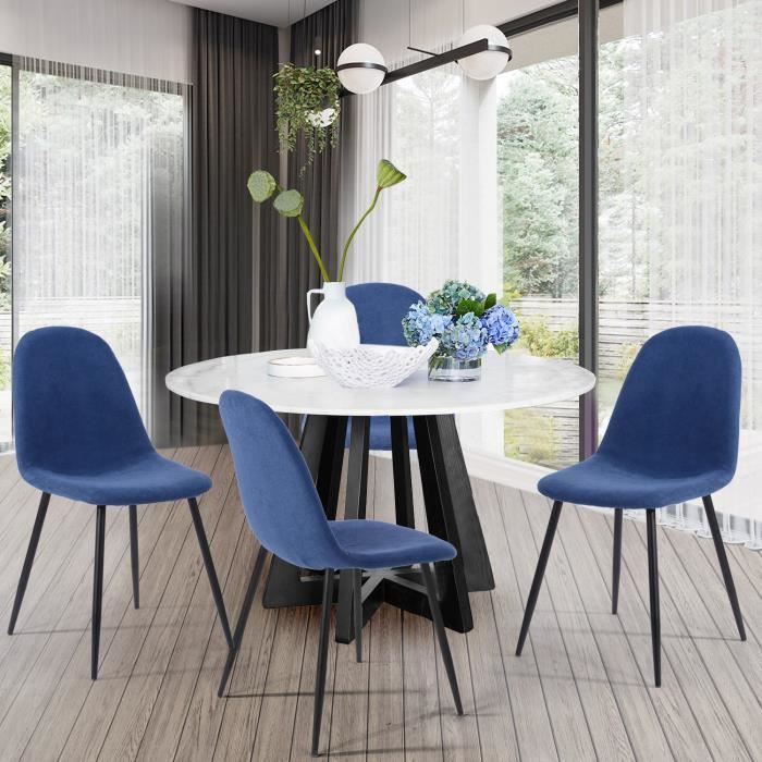 lot de 4 chaises de salle a manger en metal pied noir revetement tissu bleu contemporain l 42 5 x p 54 x h 86 cm achat vente chaise cdiscount