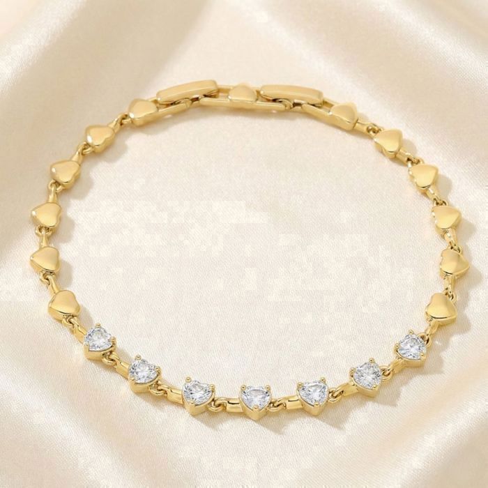 Bracelet - Cœur - Zircons – Élégance - 19 cm - Plaqué Or Jaune 750/1000 - Ajustable - Femme
