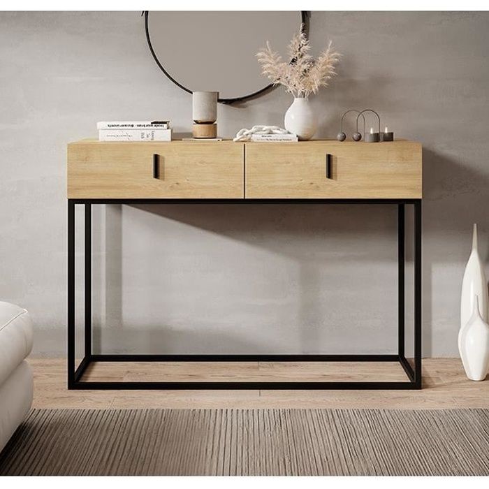 meuble d'entrée 2 tiroirs | table console | structure acier noir mat | l 120 x p 36,8 x h 83,6 cm | couleur safir | modèle aron