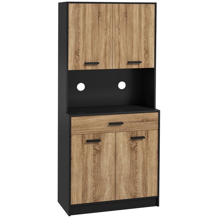 Armoire de cuisine - HOMCOM - 80x40x180cm - 2 placards 4 portes 1 tiroir passe-câbles design industriel - noir et naturel