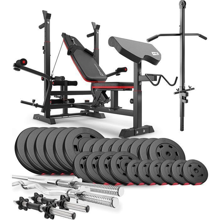 Ensemble dhaltères 135 kg Hop-Sport Banc de Musculation et Poulie haute HS-1075 Set Disques de Poids 31 mm et Barres dhaltères