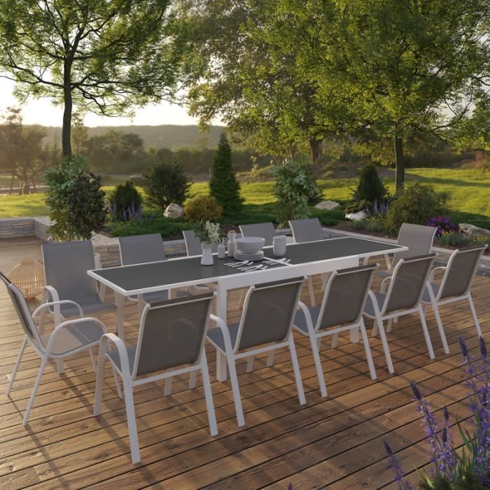 IDMARKET Salon de jardin MADRID table extensible plateau gris 135-270 CM et 12 chaises empilables structure blanche