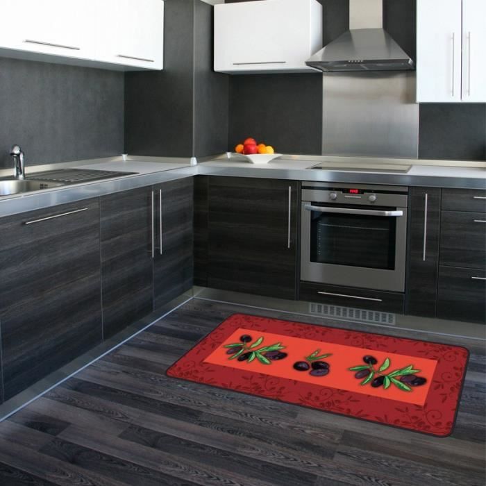 Tapis de cuisine rouge antidérapant motif olives 50 x 120