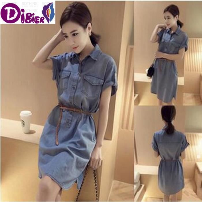 Le Printemps Et L Ete Femme Denim Style Vestimentaire Coreenne Manches Courtes Col Rabattu Robe Slim Sans Ceinture Blue Achat Vente Robe Cdiscount