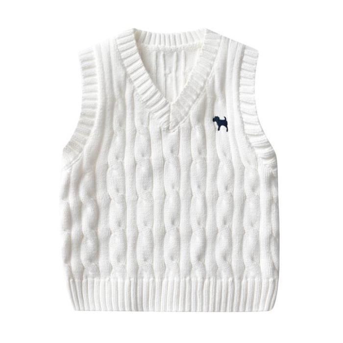 Gilet tricote enfant mixte KJEHOME col en V broderie chien coton doux blanc