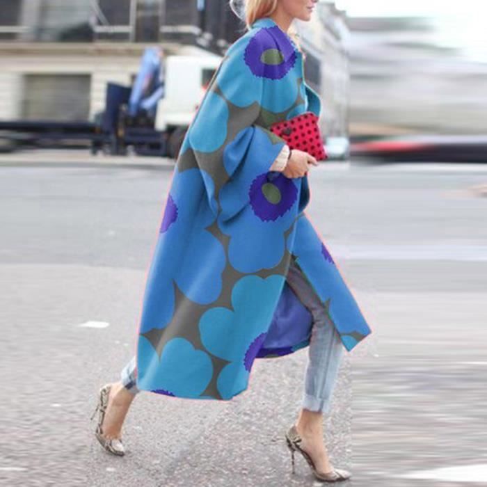 Mode Femmes Imprimé Poche Veste Survêtement Cardigan Pardessus Long Trench Coat