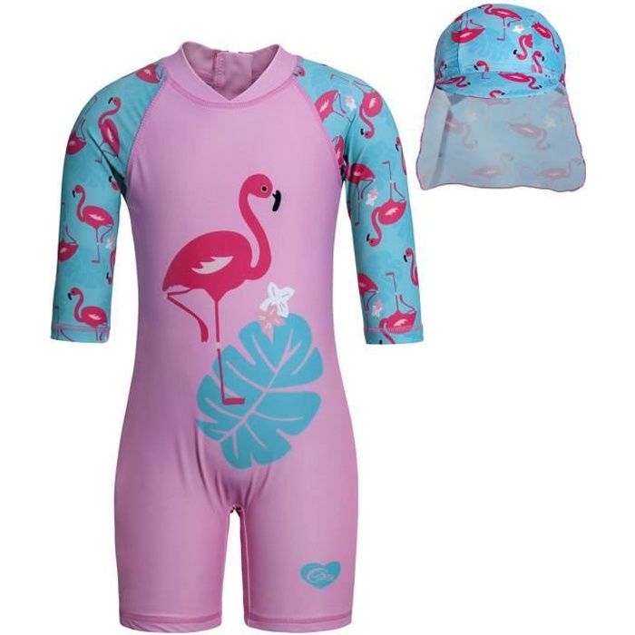 AmzBarley Fille Maillot de bain Une pièce Feuille Flamant Rose Manches Courtes pour Enfants Combinaison de Surf Protection Solaire