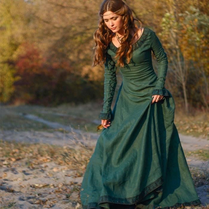 Robe mi-européenne classique médiévale à col rond et à manches longues pour femmes Vert