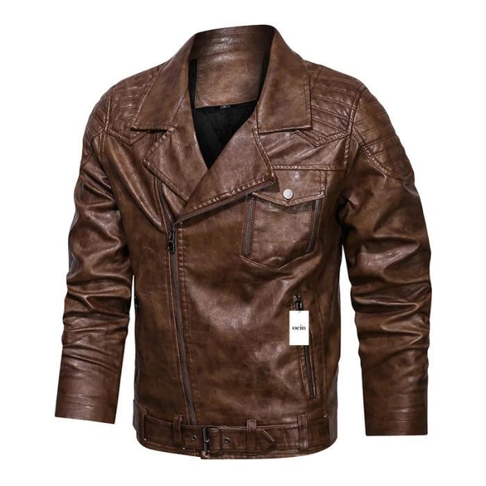 Veste En Simili Cuir Homme Manteau Chaud Coupe-Vent Moto Rétro Multi-Poches - Blouson Biker Hiver
