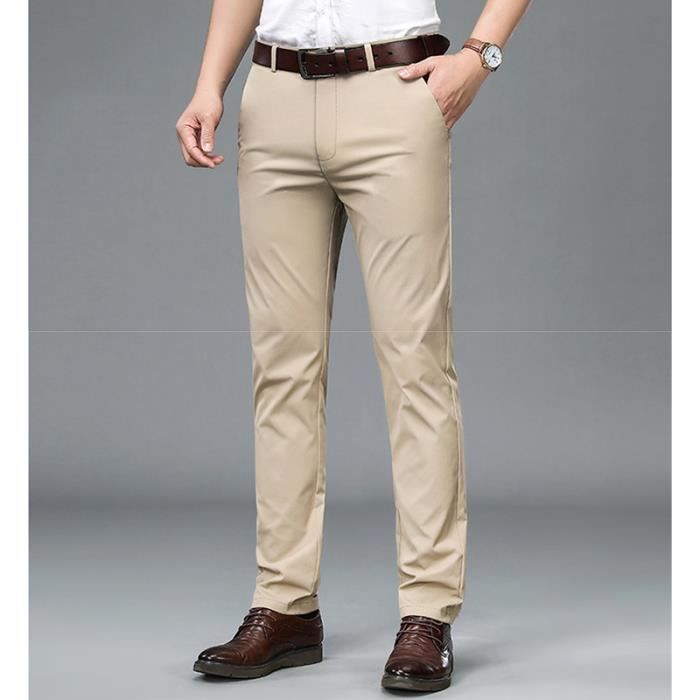 Pantalon Homme Leger Stretch Coupe droite Taille standard Business Casual Couleur unie Sans ceinture