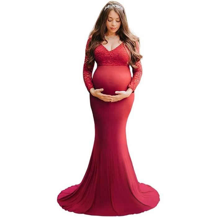 Robe Grossesse Shooting Photo Robe Elegante Vetements Maternite Robe Longue en Dentelle a Manche Longue Femme Enceinte Co vin roug Rouge Cdiscount Pret a Porter