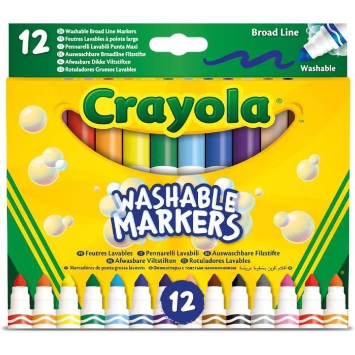 Crayola 12 Feutres Lavables à Pointe Maxi - Fibre Super Résistante, Double Trait Selon L'inclinaison - Idéal Pour L'école, Dessin, Coloriage, Calligraphie - Dès 3 Ans