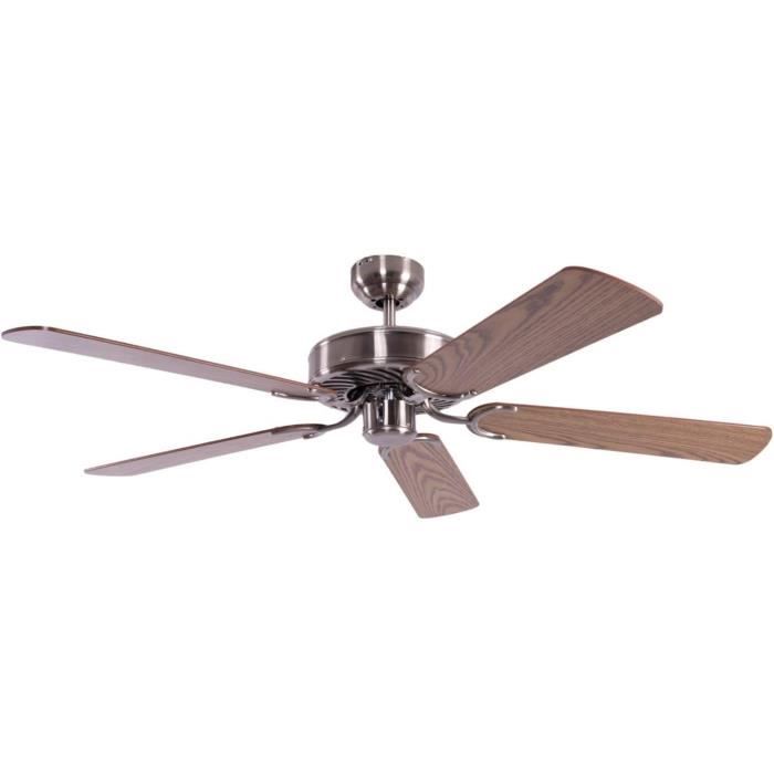 Ventilateur De Plafond Potkuri 132cm Sans Lumière - Laiton Satiné, Pales Réversibles Blanc/rotin, 3 Vitesses