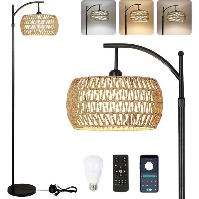 Lampadaire Sur Pied En Rotin Et Lin - Lampe Arc Avec Abat-jour Double - Réglable En Hauteur, Lumière Variable, Commande App/télécommande/tactile - Pour Salon, Chambre