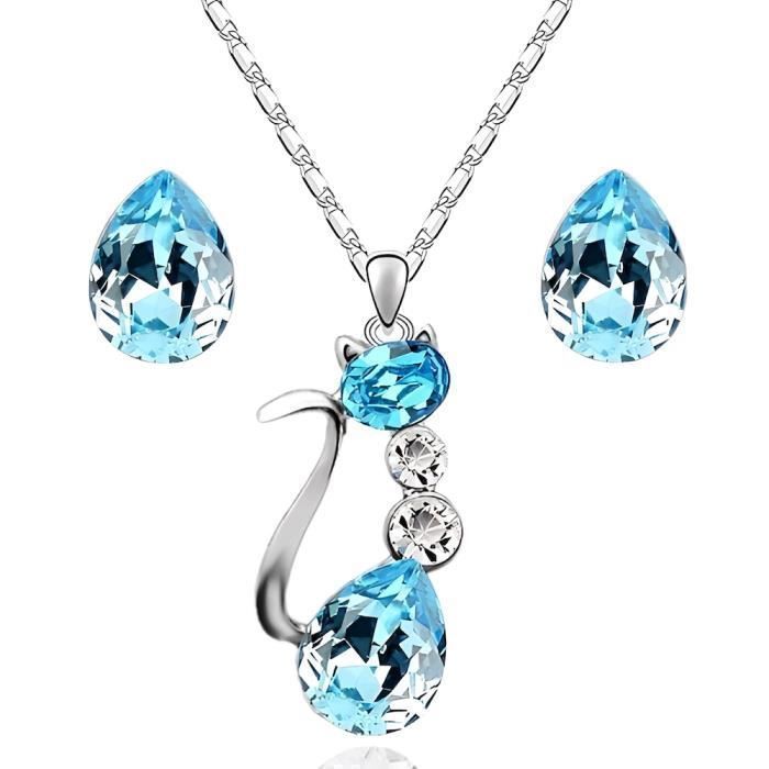Parure Bijoux - Femme - Chat - Cristal - Autrichien - Goutte - Bleu - Turquoise - Plaqué Or Blanc 750/1000 - 4 Pièces