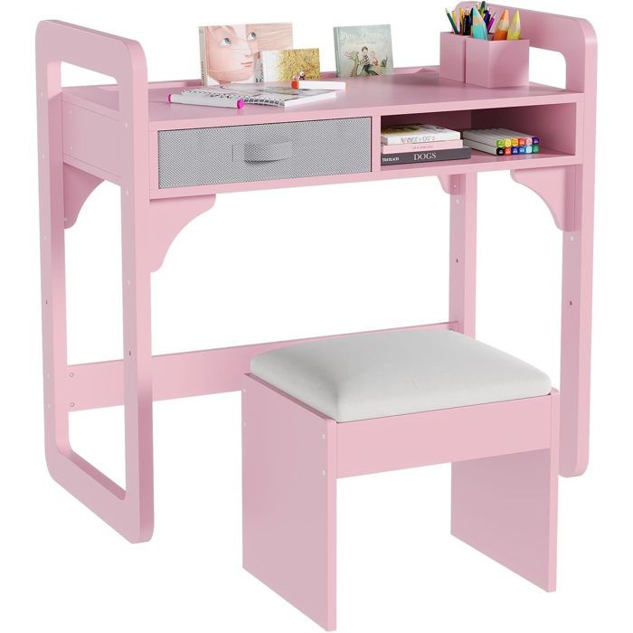 LIFEZEAL Ensemble Table Et Chaise Pour Enfants - Bureau Multifonctionnel Blanc Avec Étagère, Tiroir, Armoire, Tableau En Liège Et Tabouret Ergonomique