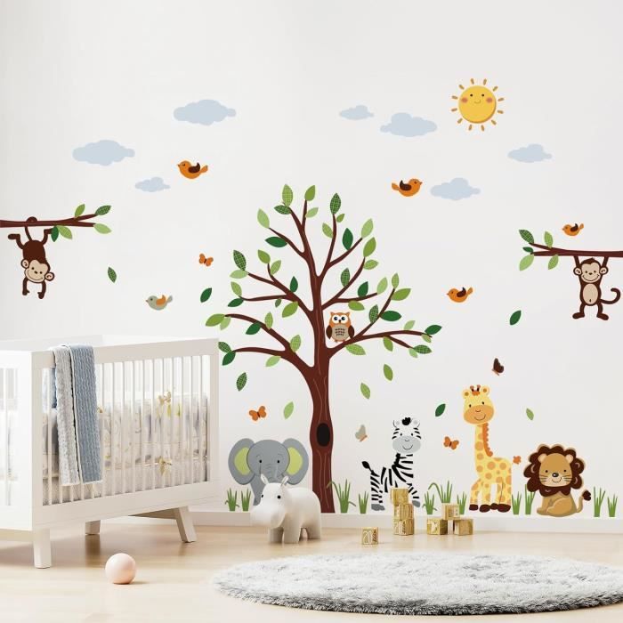 Stickers Muraux Grand Arbre Pin Avec Animaux Jungle - Déco Chambre Enfant, Vinyle Autocollant (4 Planches 30x90cm) - 6