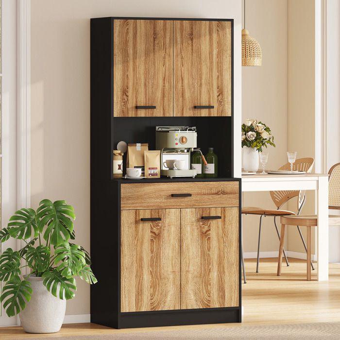HOMCOM Buffet Haut de Cuisine Armoire de Cuisine Multi-Rangement 4 Portes vitrine Verre avec étagère tiroir Coulissant Grand Plateau en Bois Blanc Aspect chêne Clair