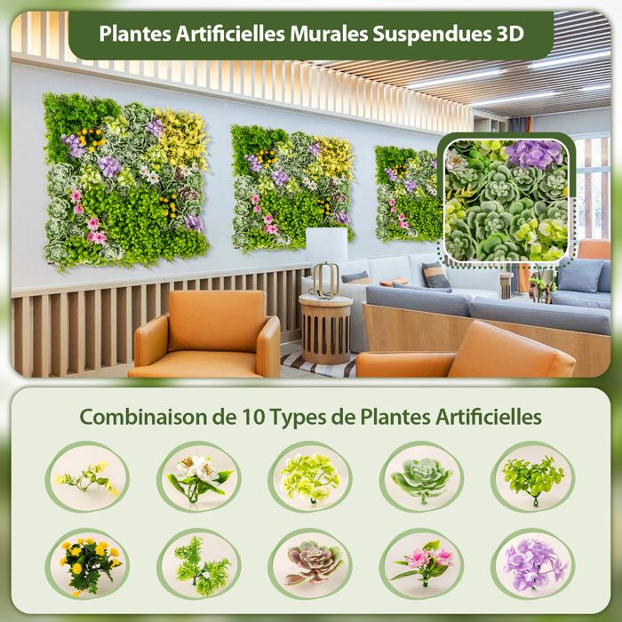 COSTWAY Haie Artificiel 2 PCS Décorations Murales Carrées 50 x 50cm en ...