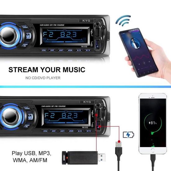 KYG Autoradio Bluetooth Main Libre Radio Voiture avec 2 Ports USB et MMC Card Slot Supporte Max 32G de Mémoire Lecteur FM/MP3/ USB/SD/WMA/AUX/Télécommande 7 Couleurs déclairage