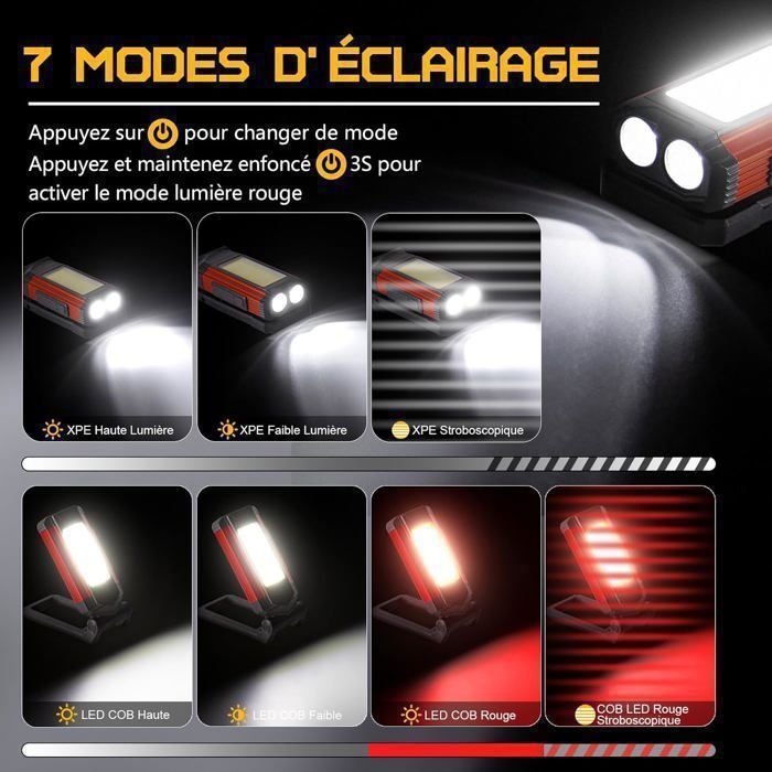 Lot De 2 Lampes D'atelier LED - 4 Modes (COB, Rouge) - Batterie Intégrée, Charge USB-C - Support Magnétique Rotatif 180°