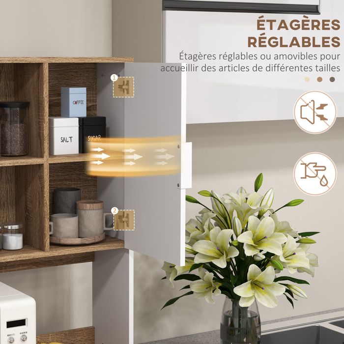 Buffet de cuisine - HOMCOM - armoire multi-rangements 1 tiroir 3 placards 4 niches passe-câbles - bois - hauteur 180 cm - Maison