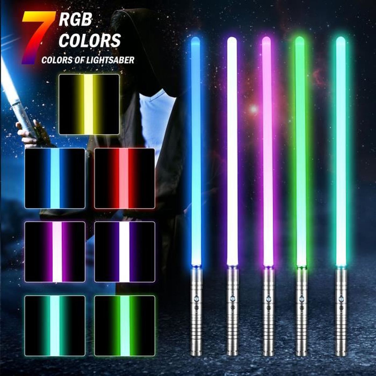 Sabre Laser Double RGB 15 Couleurs - Effets Sonores & Lumineux - Rechargeable USB-C - 78cm - Pour Cosplay & Duel (Pack De 2 Noirs)