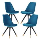 LIFE INTERIORS Lot de 4 Chaises Scandinave en Velours Bleu - Rembourrée - Pieds Obliques en Bois - Salle à Manger, Cuisine ou Salon