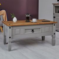 Table basse RAMON table d'appoint rectangulaire en pin massif gris et brun avec 1 tiroir, meuble de salon style mexicain en bois