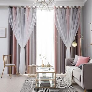 Gris 2 Pièces Rideaux Pépinière Double Couche Rideau Creux Étoile Rideaux Assombrissants Gradient Couleur Oeillet Écharpe Voile pour Chambre 