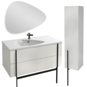 MEUBLE VASQUE - PLAN Meuble lavabo simple vasque 100 cm JACOB DELAFON Nouvelle Vague blanc brillant + colonne version droite + miroir + pied