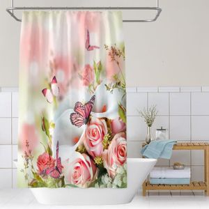 Etopfashion 60X 71 pouces Trendy fille rose Fée Fleur avec papillon rideau de douche Idées-Fond blanc rideaux de douche en tissu 