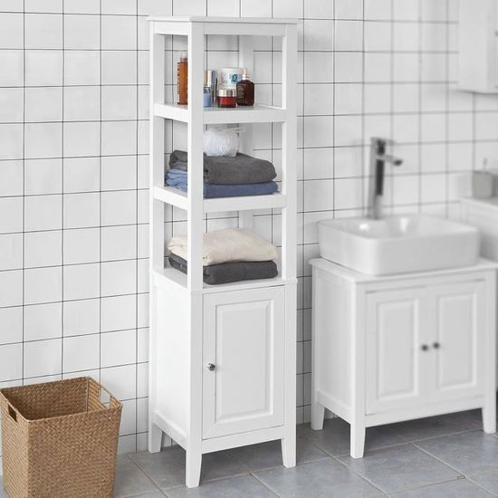 Colonne De Rangement Salle De Bain SoBuy - 2 Portes + étagères Ouvertes, MDF Blanc 45x41,5x170cm - Grande Capacité
