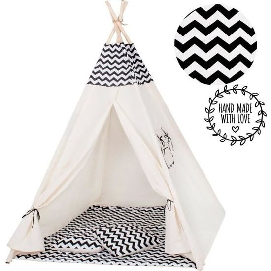 Tente pour enfant en coton SPRINGOS® - 160x120x100 cm - Zigzag noirs