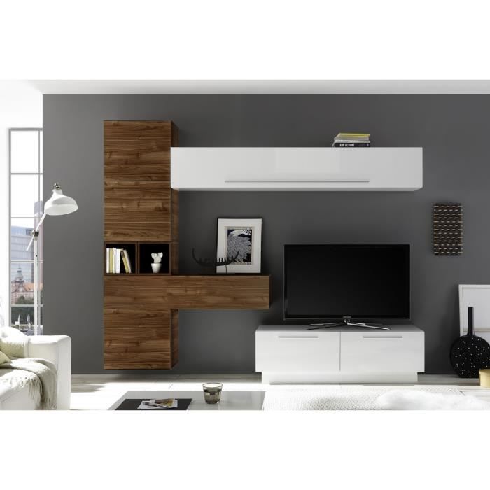 LUDOVICA 8 LAQUE BLANC ET NOYER ENSEMBLE COMPOSITION MURALE MEUBLE TV TENDANCE