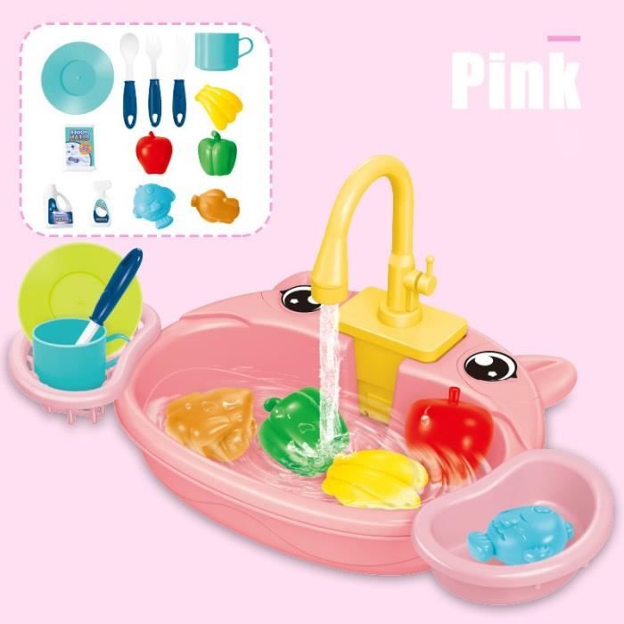 Cuisine Évier Jouets Set Pour Enfants Système De Cycle Eau Automatique Lave-Vaisselle Électrique Preset Jouet - Rose