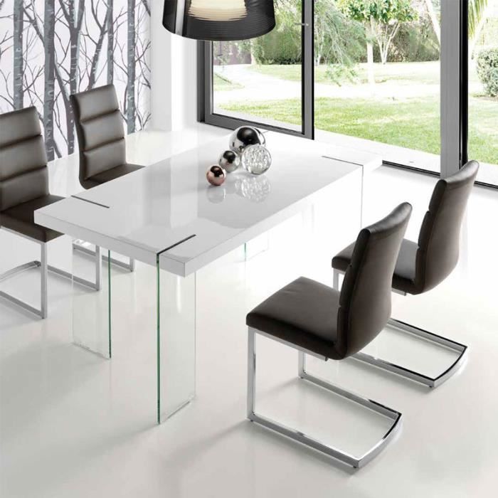 Table à manger design blanc laqué et verre ARGOS