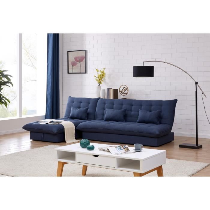Canapé d'angle convertible et modulable en tissu bleu