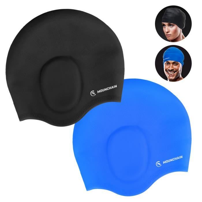 2pcs Bonnet de bain, Bonnet de piscine, Bonne de bain piscine femme pour cheveux long, Bonnet de bain homme en tissu - Bleu+noir