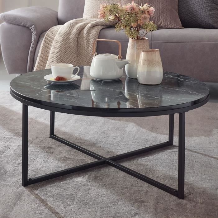 FineBuy Table Basse de Salon Effet Marbré 80x36x80 cm Table Canapé Moderne Ronde [Noir]