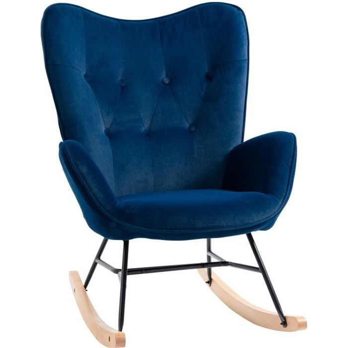 Fauteuil à bascule oreille rocking chair grand confort accoudoirs assise dossier garnissage mousse haute densité aspect velours bleu