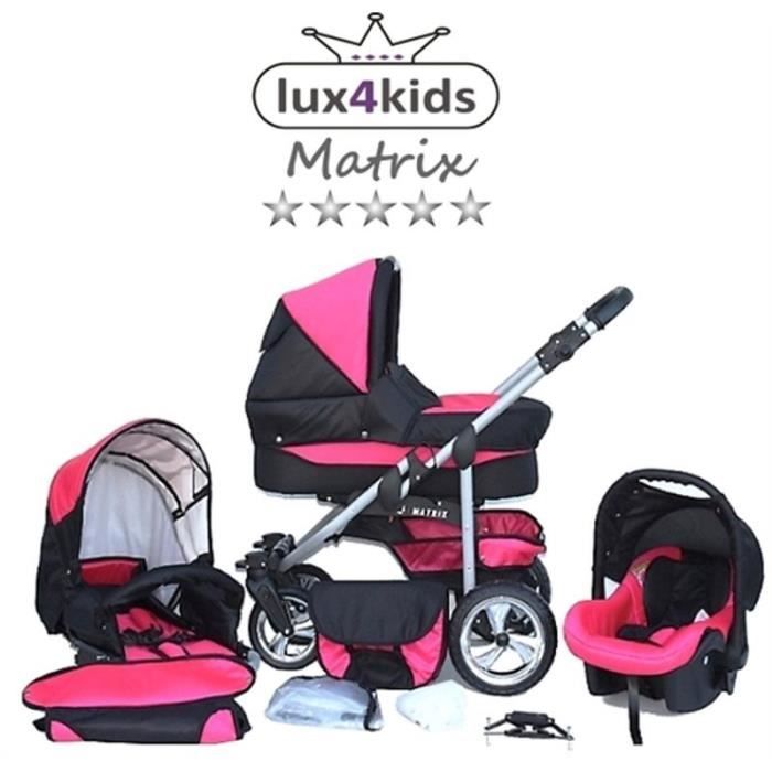 Matrix 2 Poussette Combinée 3en1 Set été Roues pivotantes Nacelle Siège Auto Poussette Canne 31 noir & rose