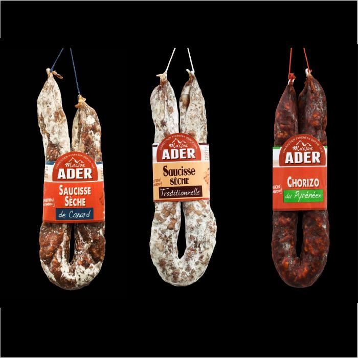 Assortiment : 1 saucisse sèche traditionnelle de porc 300g, 1 saucisse sèche de canard 250g et 1 chorizo 300g - Pyrénées