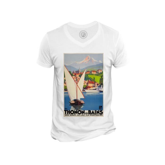 T-shirt Homme Col V Thonon Lac Montagne Affiche Poster Vintage Voyage Art Deco 30's