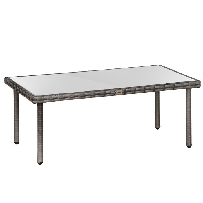 Table basse de jardin plateau verre trempé 5 mm résine tressée imitation rotin gris 90x50x35cm Gris